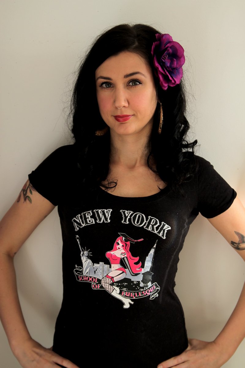 New York School of Burlesque T-Shirt Designed by Lola Star, Modeled by Coco Te Amo